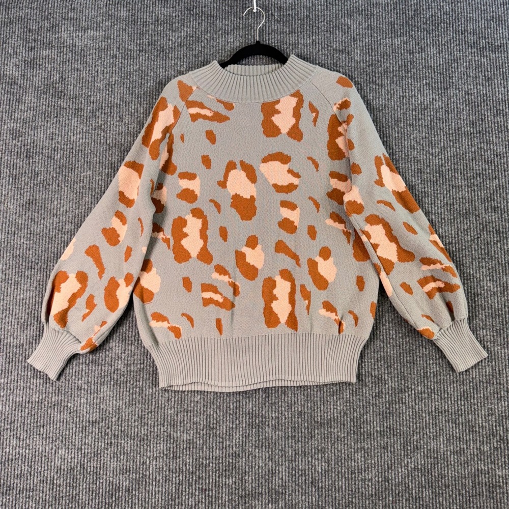 Womens Leopard Print Sweater Gray Tan Mock Neck Knit Pullover Soft Cozy Fallcore